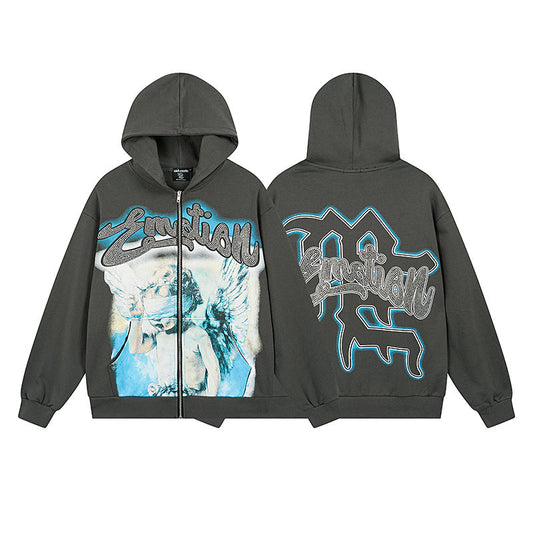 Mixed Emotion "Angel" Rhinestone Zip-Up Hoodie Grey