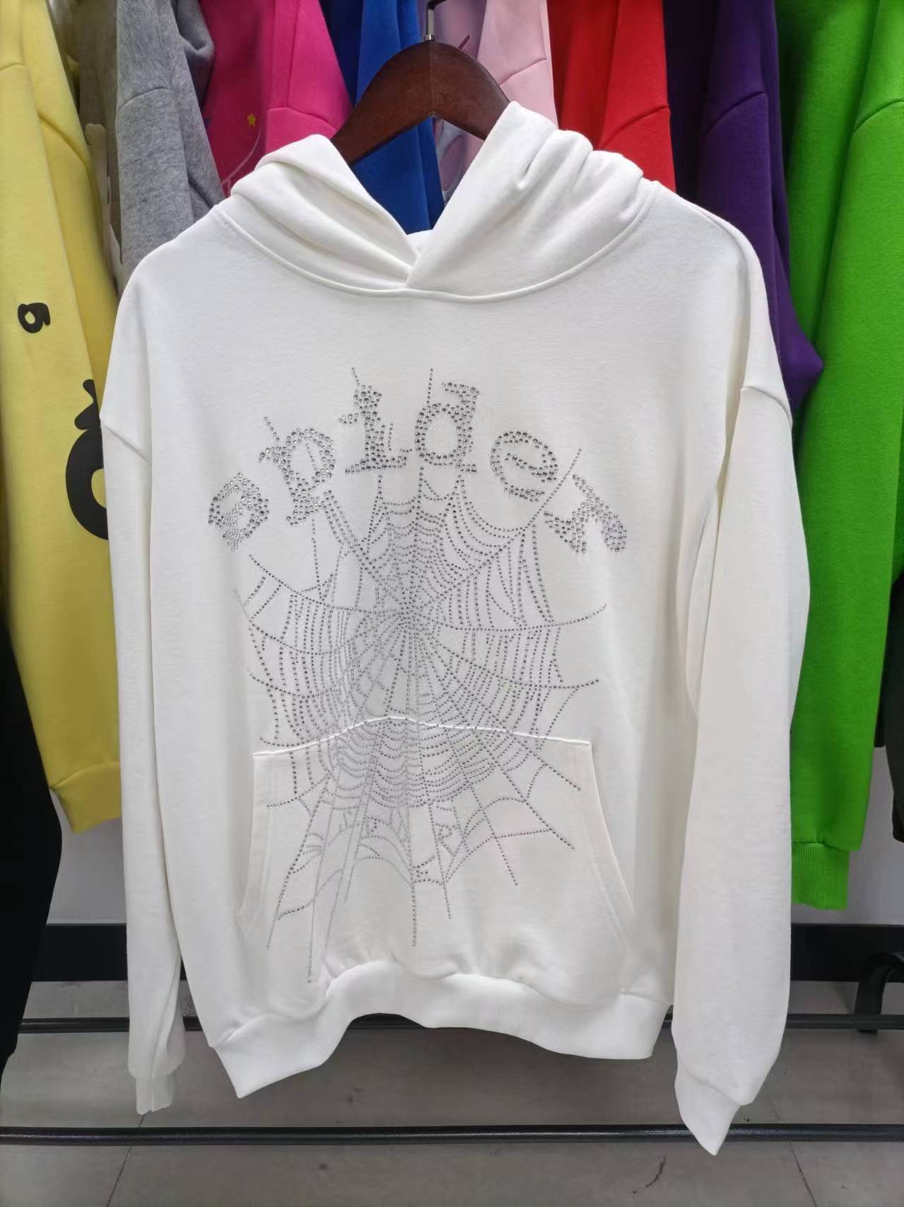 Sp5der OG Rhinestone Logo Hoodie 'Black White'