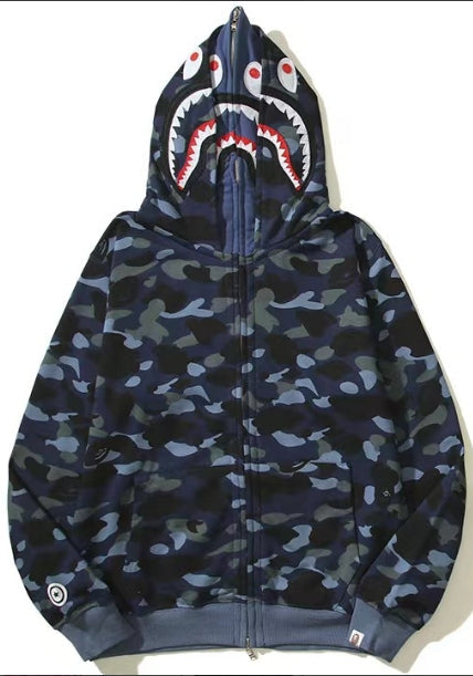 BAPE Color Camo Shark Wide Fit Full Zip Double Hoodie Navy