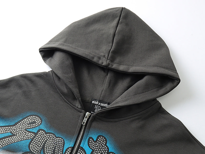 Mixed Emotion "Angel" Rhinestone Zip-Up Hoodie Grey
