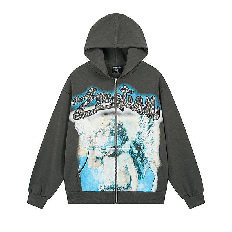 Mixed Emotion "Angel" Rhinestone Zip-Up Hoodie Grey