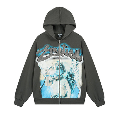 Mixed Emotion "Angel" Rhinestone Zip-Up Hoodie Grey