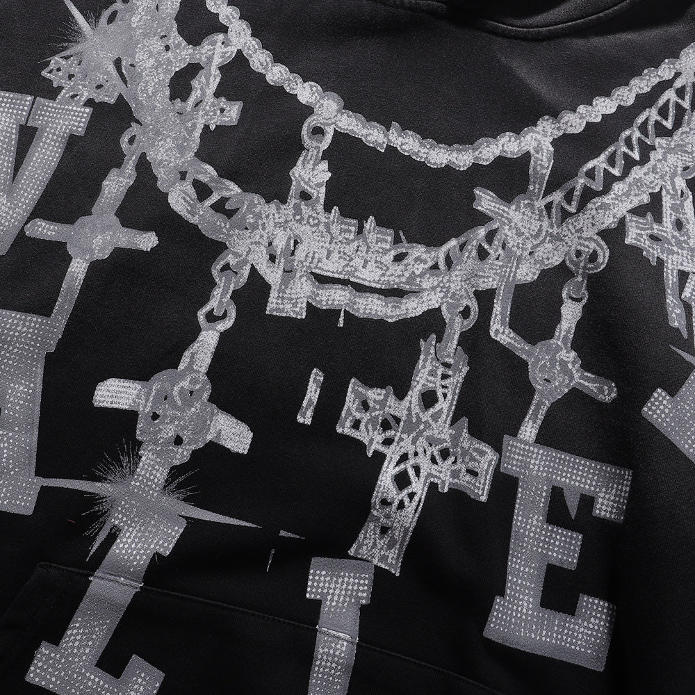 Vale Forever "Valley" Silver Chain & Cross Rhinestone Hoodie Black