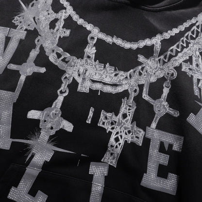 Vale Forever "Valley" Silver Chain & Cross Rhinestone Hoodie Black