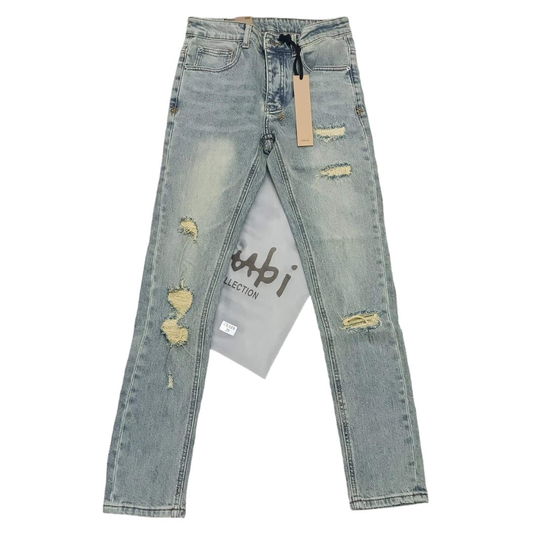 Ksubi Men's Washed Blue Ripped Letter Printing Jeans