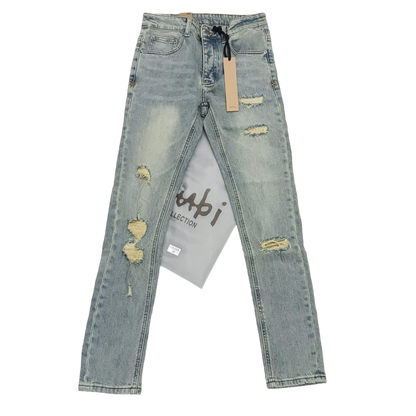 Ksubi Men's Washed Blue Ripped Letter Printing Jeans