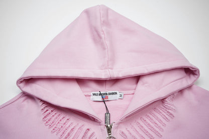 Vale Forever Pink Rhinestone Zip Up Hoodie Distressed