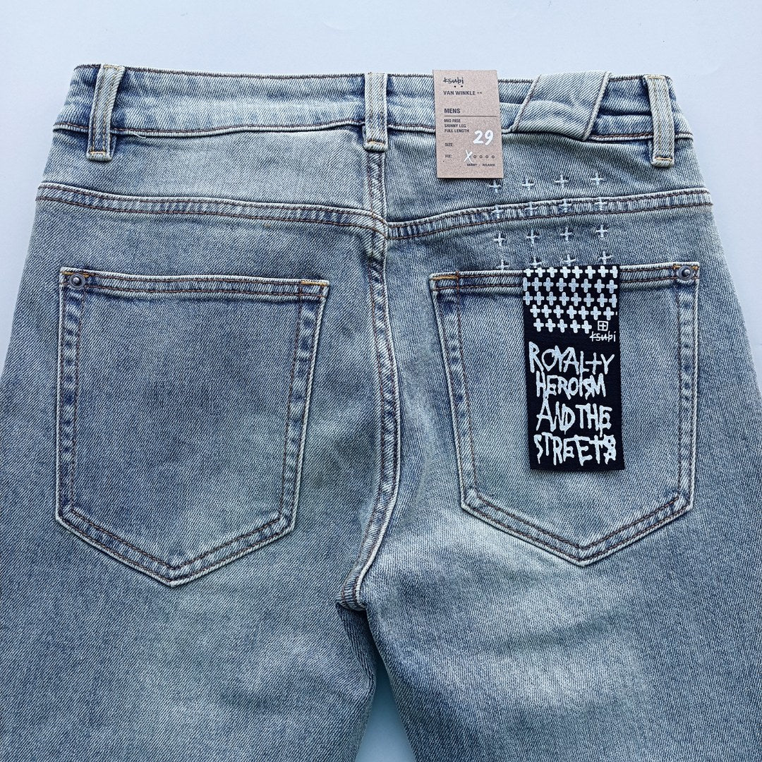 Ksubi Men's Washed Blue Ripped Letter Printing Jeans