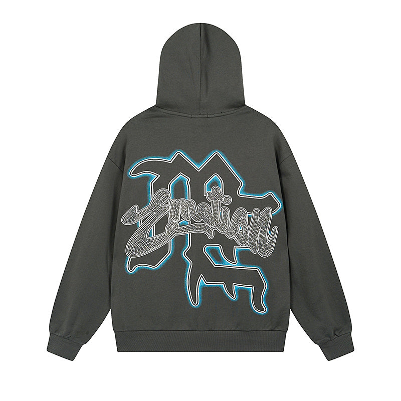 Mixed Emotion "Angel" Rhinestone Zip-Up Hoodie Grey