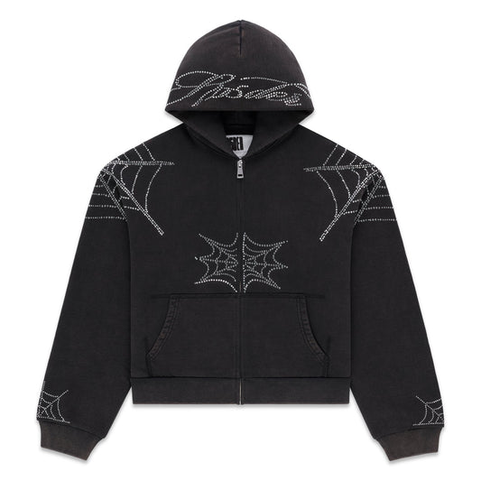 Sp5der Rhinestone Web Zip Hoodie Black