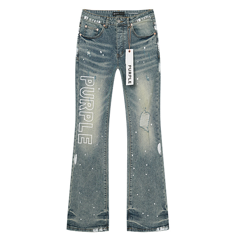 Purple Brand Wordmark Print Mud Flare Jeans Mid Indigo