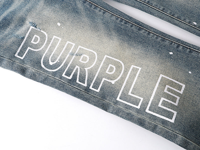 Purple Brand Wordmark Print Mud Flare Jeans Mid Indigo