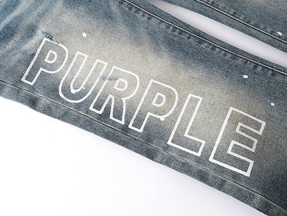 Purple Brand Wordmark Print Mud Flare Jeans Mid Indigo