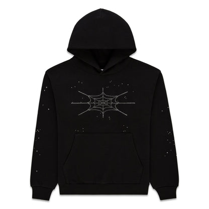 Sp5der Rhinestone Silk Hoodie Black