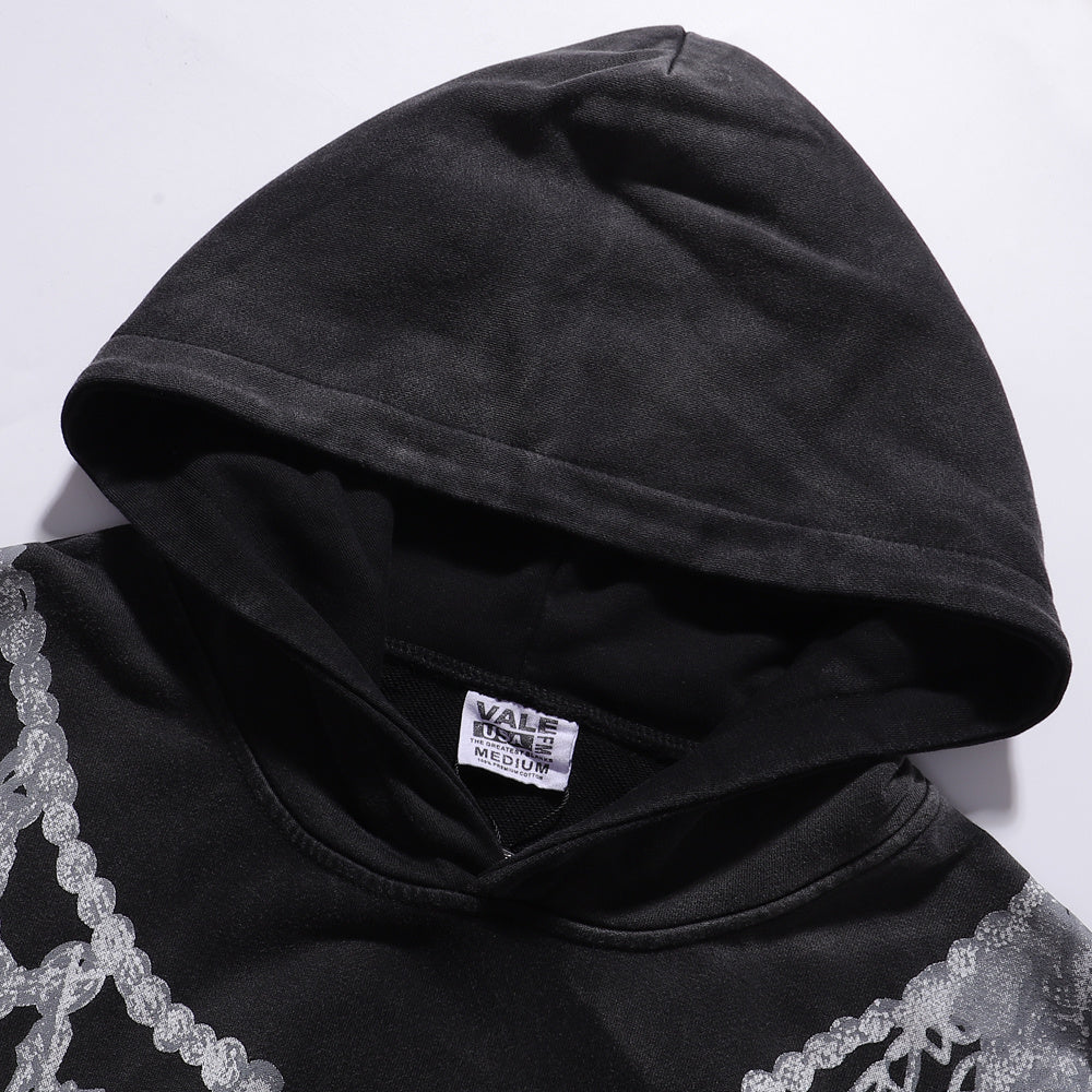 Vale Forever "Valley" Silver Chain & Cross Rhinestone Hoodie Black