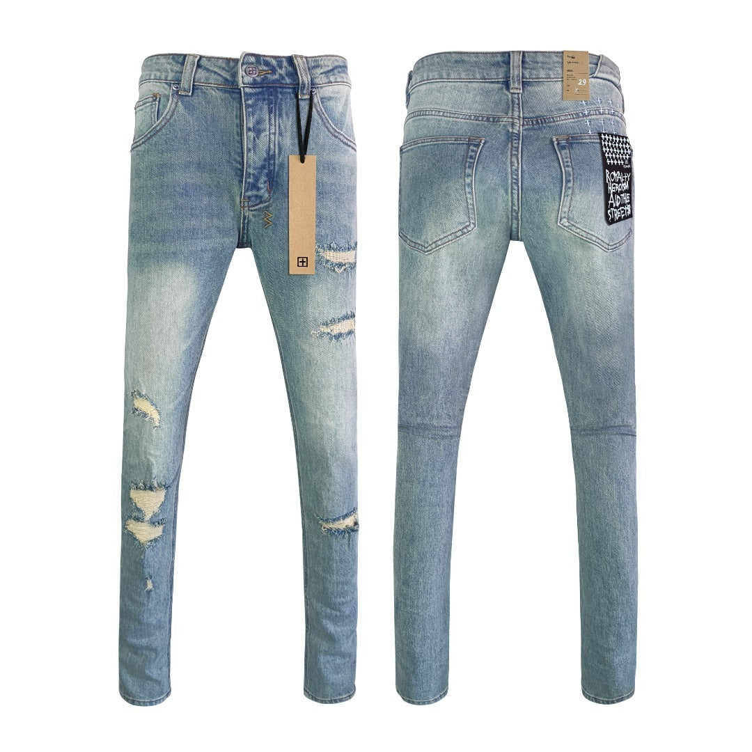 Ksubi Men's Washed Blue Ripped Letter Printing Jeans