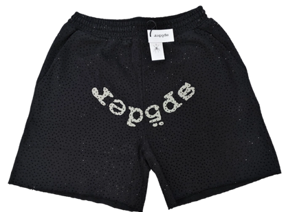 Sp5der Worldwide Rhinestone Logo Shorts Black