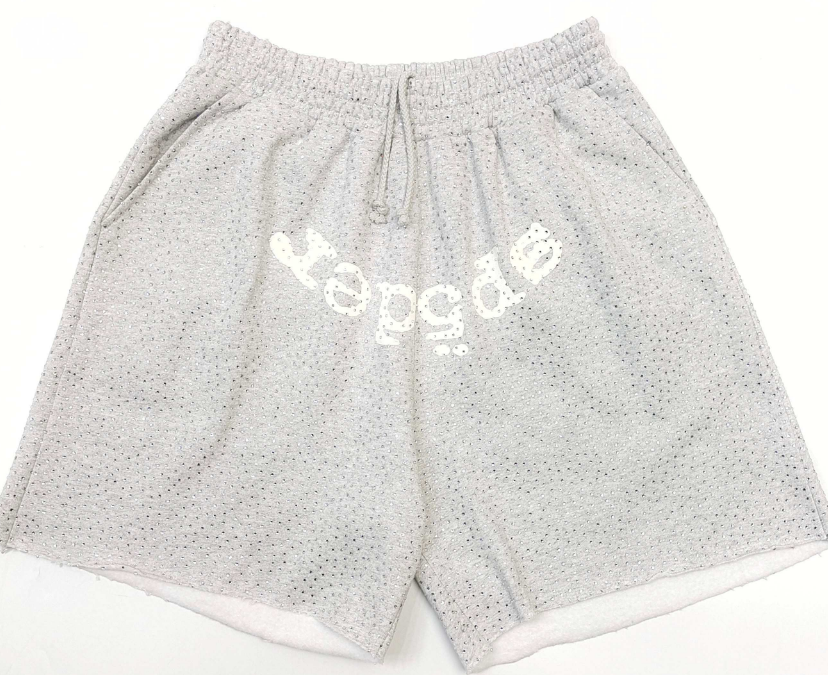 Sp5der Worldwide Rhinestone Logo Shorts Grey