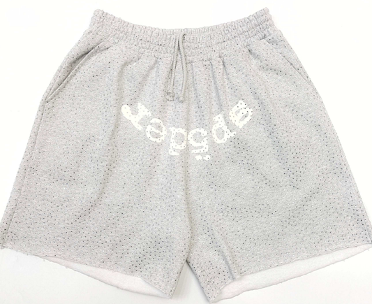 Sp5der Worldwide Rhinestone Logo Shorts Grey