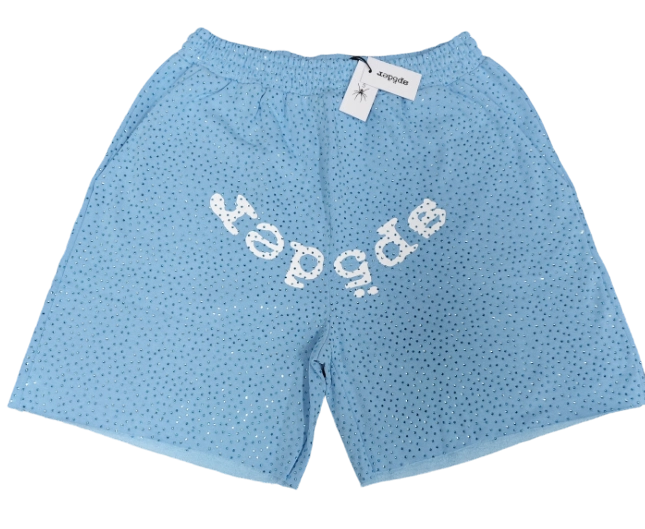 Sp5der Worldwide Rhinestone Logo Shorts Blue