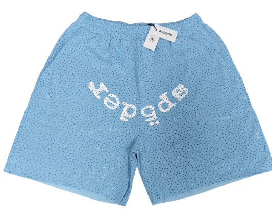 Sp5der Worldwide Rhinestone Logo Shorts Blue
