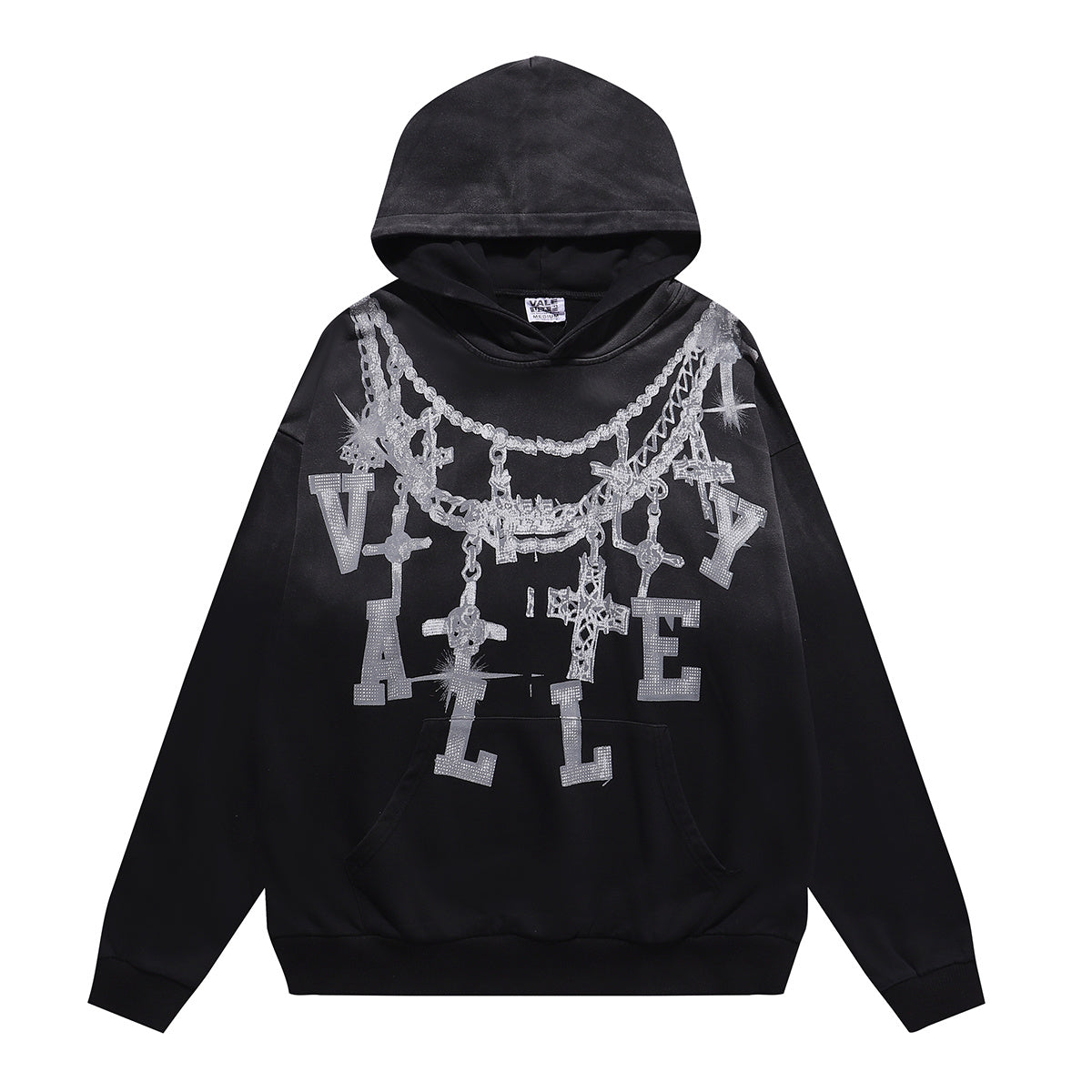 Vale Forever "Valley" Silver Chain & Cross Rhinestone Hoodie Black