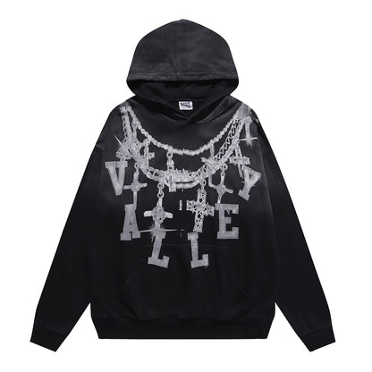 Vale Forever "Valley" Silver Chain & Cross Rhinestone Hoodie Black