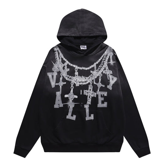 Vale Forever "Valley" Silver Chain & Cross Rhinestone Hoodie Black