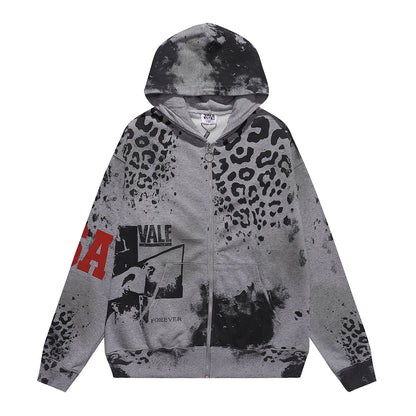 Vale Forever "Cheetah" Grey Acid Wash Full Zip Hoodie