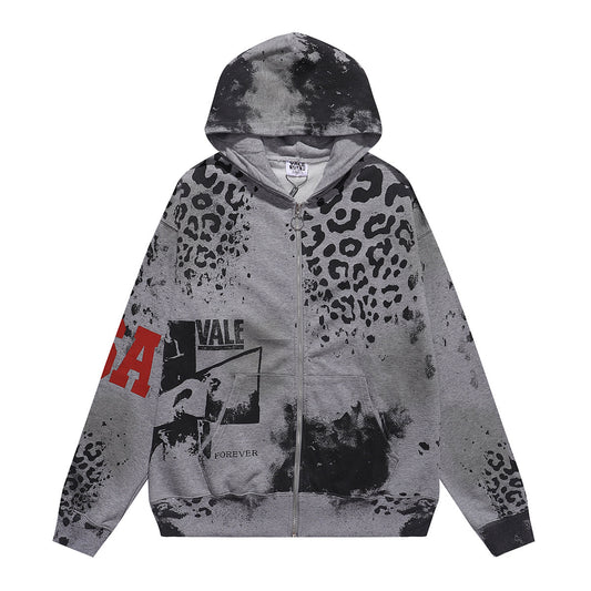 Vale Forever "Cheetah" Grey Acid Wash Full Zip Hoodie
